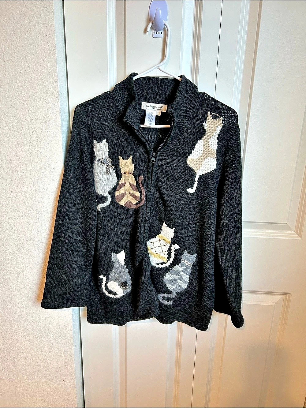 Coldwater Creek Cat Motif Zip Cardigan Black Large